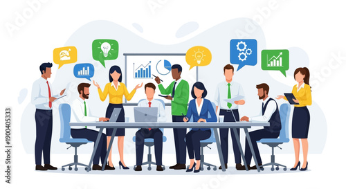 A global team of business people and businessmen silhouettes meeting in a circle at the office for a teamwork concept involving technology and internet communication