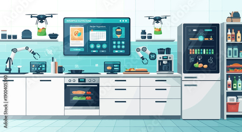 Modern kitchen interior featuring a flat design furniture set template for home website interface and web icons