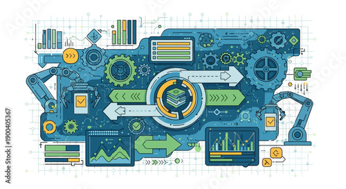 Vector illustration of a flat computer network concept featuring a business infographic set with data charts, web icons, and internet symbols for marketing information design
