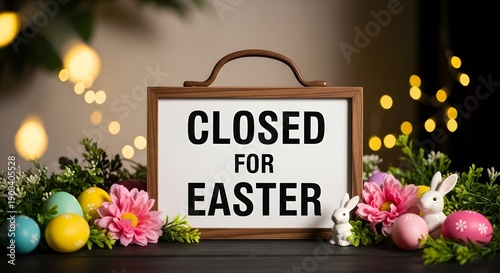 Easter sunday closed sign with easter eggs and bunny decorations
