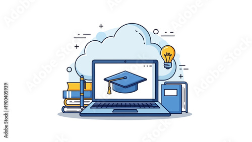 A 3d illustration of a cloud computing network concept featuring a laptop and digital business icons connected via high-speed internet for global communication and mobile file storage