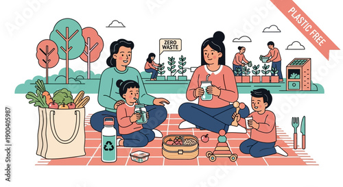 A happy family celebrates a birthday party on the beach with a cartoon vector illustration of a mom and kids reading a comic book