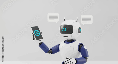 Set of business technology icons and medical equipment illustrations featuring a robot using a laptop, tablet pc, and phone for network communication in a hospital office design