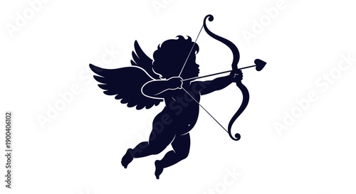 A black vector silhouette of a flying cupid angel with wings and a heart, featuring a cherub boy with an arrow in a cartoon illustration style for Valentine love art design