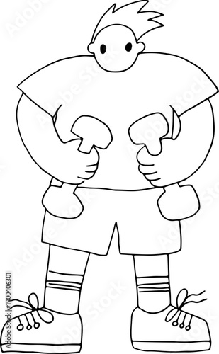 A young man holds dumbbells in his hands and does sports exercises in memphis style, full size, hand drawn with black, curved grunge lines