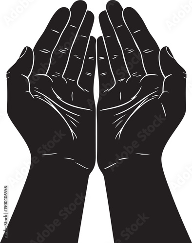 Open Praying Hands Silhouette - Spiritual Supplication and Faith Gesture Vector