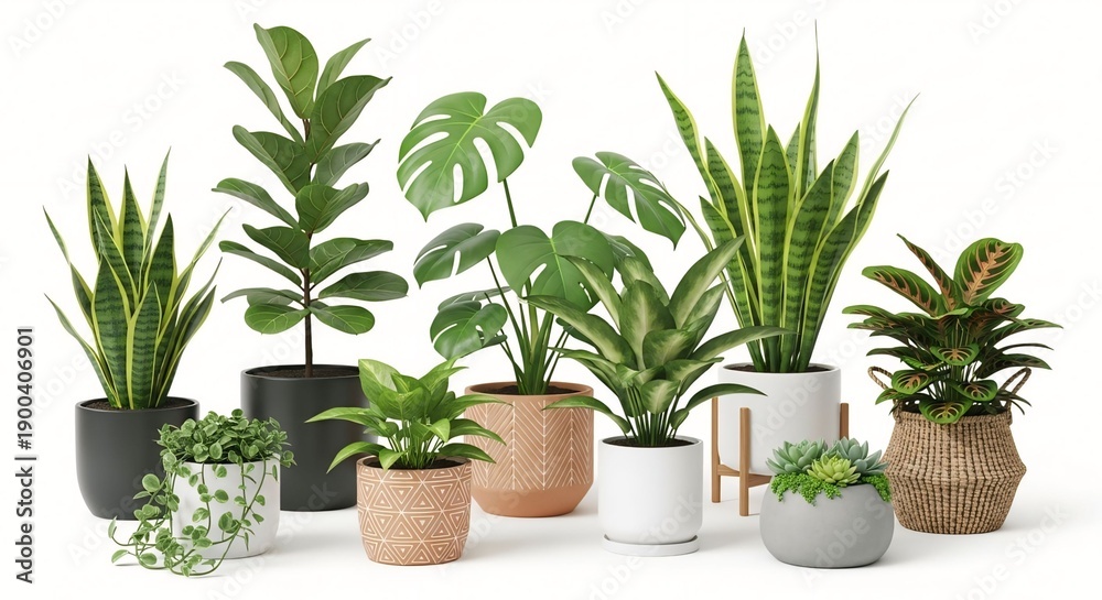 Fototapeta premium Collection of diverse houseplants in modern pots indoor greenery for home decor and interior design isolated on a clean white background