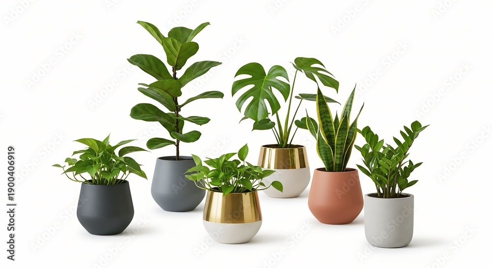Fototapeta premium Collection of diverse houseplants in modern decorative pots arranged for interior design and home decor concepts isolated on white background