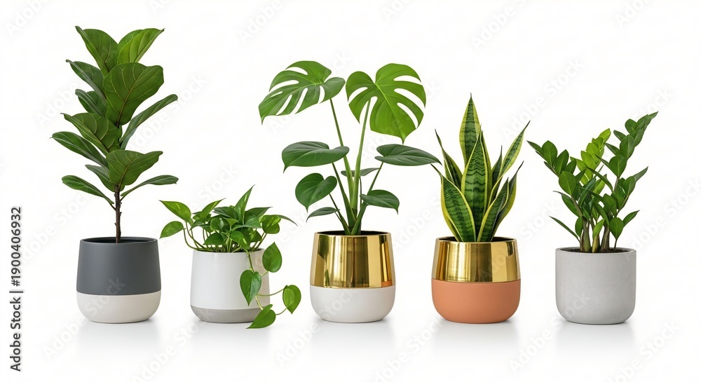 Fototapeta premium Collection of five potted houseplants including fiddle leaf fig and monstera in modern decorative pots isolated on white background for home decor and interior design
