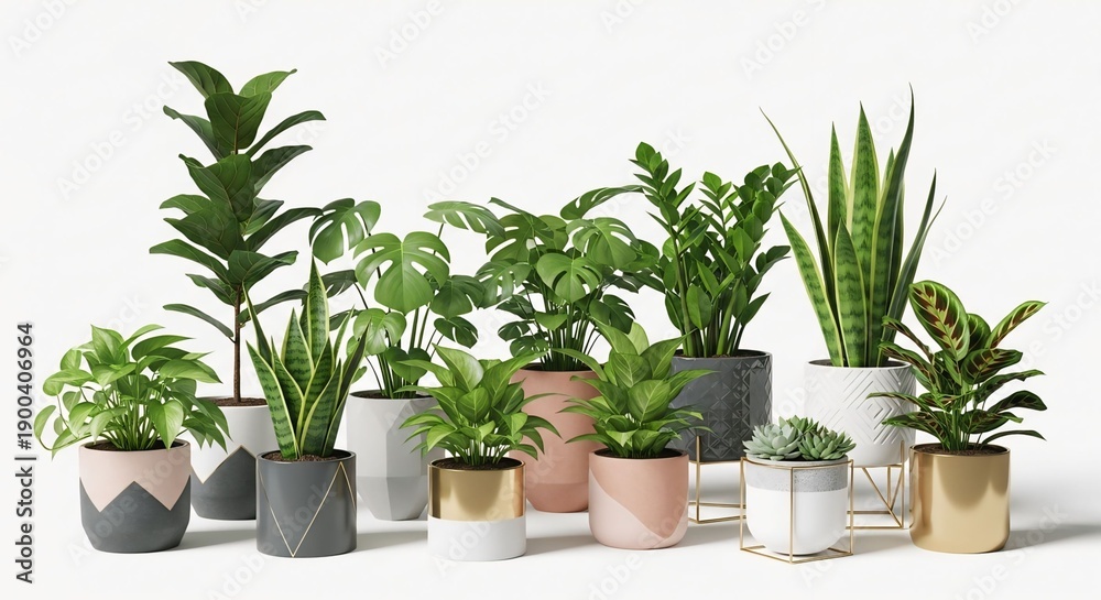 Fototapeta premium Collection of diverse houseplants in stylish modern pots indoor greenery for home decor and interior design isolated on white background
