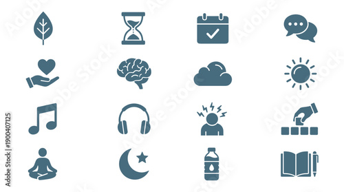 Comprehensive vector icon set of 16 wellness and mental health symbols for stress management, self-care, meditation, brain health, sleep, hydration, journaling, and mindfulness practices.