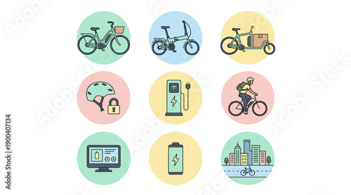Comprehensive Vector Icon Set for Electric Bicycles and Urban Commuting. Includes E-bike, Cargo Bike, Folding Bike, Charging Station, Battery, Helmet, Lock, and City Life in Flat Pastel Design.