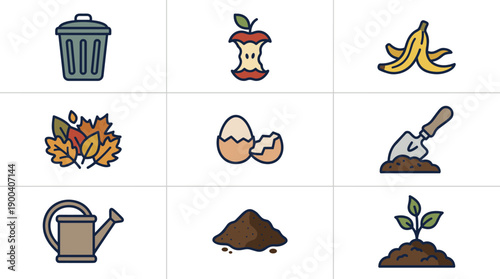 Vector Icon Set of Compost Bin and Organic Waste Items Including Apple Core, Banana Peel, Autumn Leaves, Eggshells, Garden Trowel, Watering Can, Soil Pile, and Seedling in Bold Outline Style