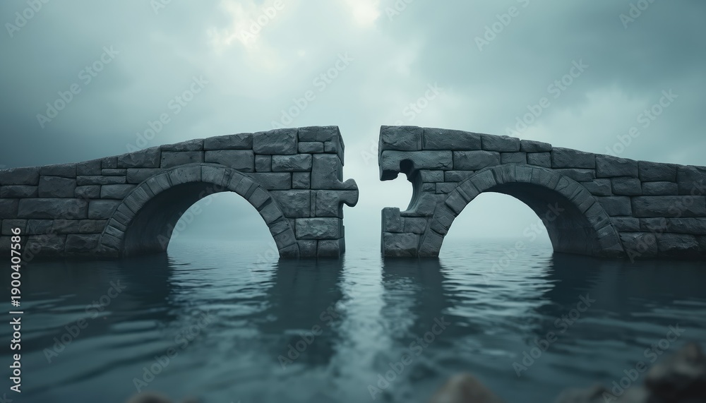 Fototapeta premium Stone bridge with missing puzzle piece over water. Represents a gap in connection or missing link. Symbolizes challenge or problem needing solution.