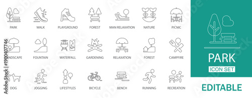 Outdoor Recreation Public Park Leisure Activity Vector Line Icon Set. Editable linear vector icons.