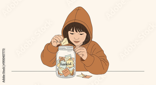 Child Expressing Gratitude By Filling Jar With Thankful Notes