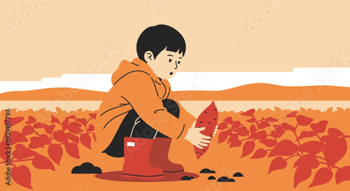 Child Harvesting A Sweet Potato From The Garden