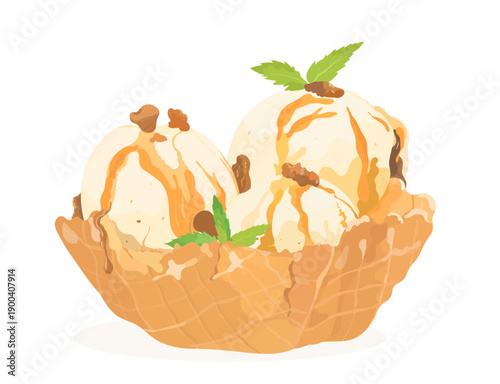 Tasty caramel cartoon ice cream balls with caramel syrup in waffle bowl. Sweet cold vector hand drawn summer dessert illustration isolated on white.