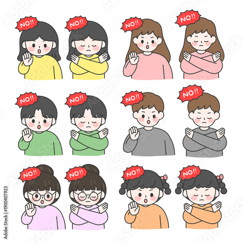 People Showing No and Stop Hand Gesture Illustration Set
