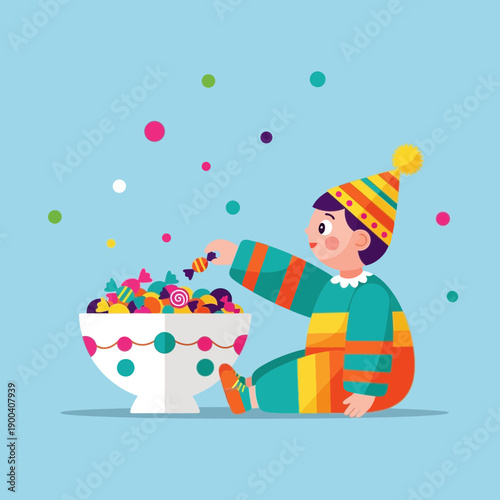 Child Selecting Festive Candies From A Bowl Of Sweet Treats