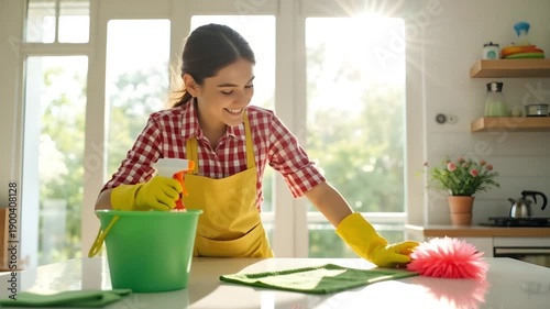 Young Asian Woman Cleaning Kitchen Counter with Duster and Spray Bottle. Housework Chore, Happy Housewife in Yellow Apron and Rubber Gloves. Domestic Cleaning Service Concept
