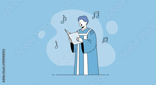 Choir Member Singing Musical Notes On Blue Background