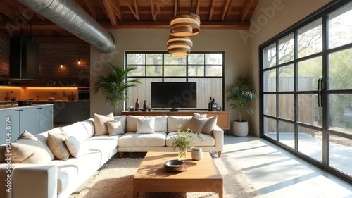 Modern sunlit living room interior with large windows, wooden ceiling, neutral furniture, indoor plants and contemporary home decor in minimalist luxury house
