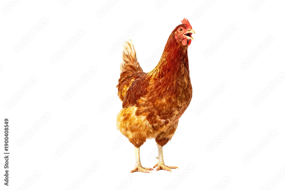 Fototapeta premium Red-Brown Hen Standing in Isolated White Background