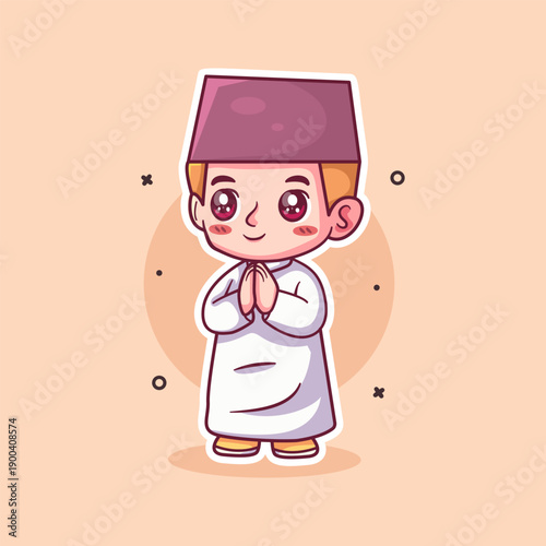 Cute Muslim Boy Greeting with Respectful Gesture Cartoon Illustration