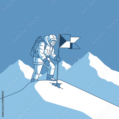 Conquering The Summit A Determined Climber Plants A Flag On A Snowy Peak