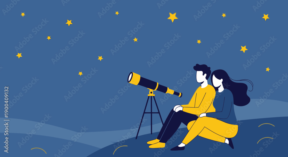 Naklejka premium Couple Gazing At Night Sky Through Telescope Under Starry Cosmos