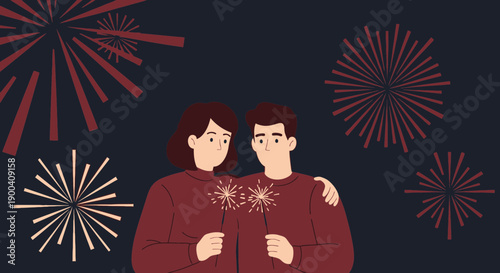 Couple Celebrating With Sparklers And Fireworks Display