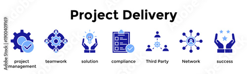 Project Delivery Icon Set. Containing Project Management, Teamwork, Solution, Compliance, Third Party, Network, Success