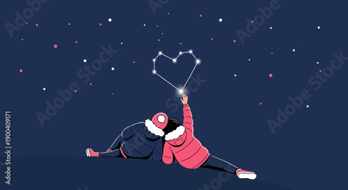 Couple Gazing At Heart Constellation Under The Magical Night Sky, Dreamy Illustration