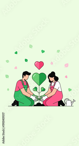 Couple Nurturing A Heart Shaped Tree Symbolizing Love And Growth Together