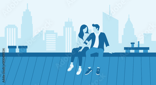Couple Enjoying Cityscape View From Rooftop Together