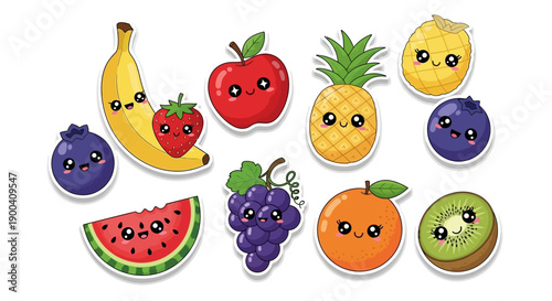 Cute cartoon fruits holding hands, including apple, banana, kiwi, grapes, strawberry, lime, watermelon, and pineapple, on a white background.