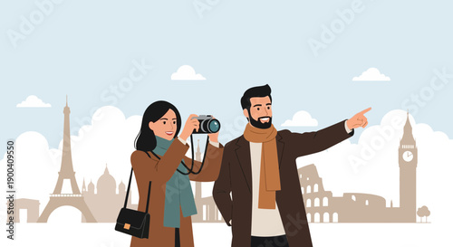 Couples Global City Exploration Capturing Iconic Landmarks Together