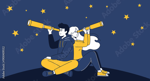 Couples Observing Stars Together With Telescopes Under A Starry Night Sky