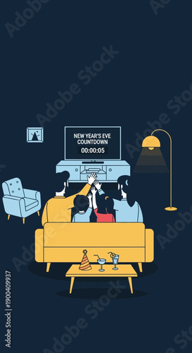 Cozy Family Watching New Year's Eve Countdown on Television Together