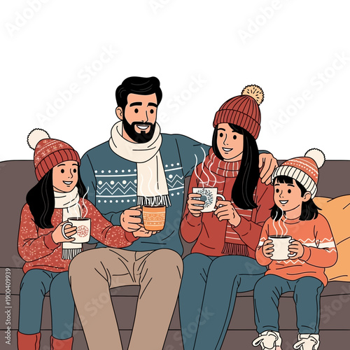 Cozy Family Winter Gathering Enjoying Warm Beverages Together