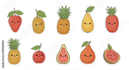 Cute cartoon fruits holding hands, including apple, banana, kiwi, grapes, strawberry, lime, watermelon, and pineapple, on a white background.