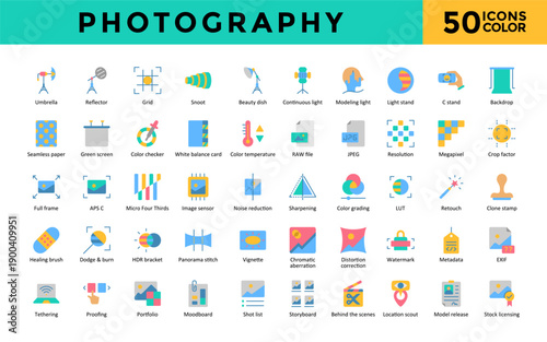 Photography icons set with beauty dish, continuous light, modeling light, location scout, image sensor icon. Simple color vector 
