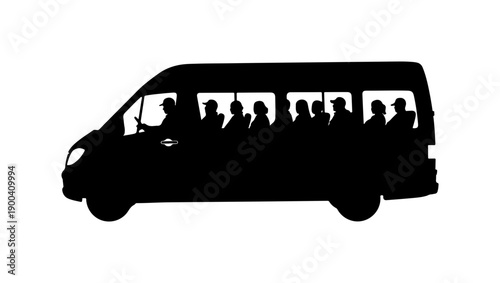 Black Vector Silhouette of Passenger Minivan with People