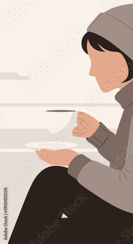 Cozy Winter Morning Coffee Break with Minimalist Illustration Style