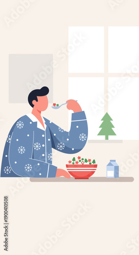 Cozy Winter Morning Breakfast In Pajamas With Cereal