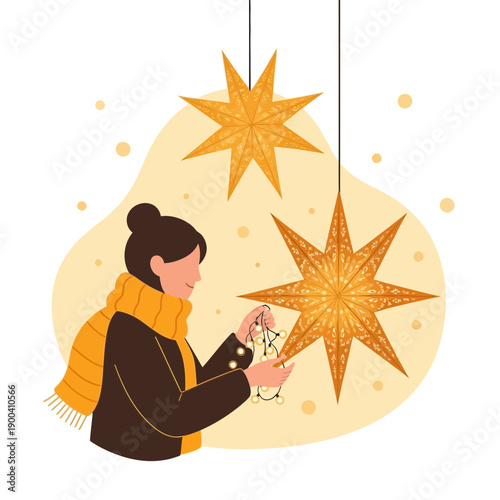 Cozy Winter Scene Preparing Festive Decorations Hanging Star Ornaments