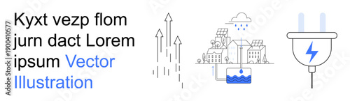 Renewable energy, urban planning, eco-technology, sustainability, energy efficiency, electricity generation. Clean energy symbols, including a power plug raindrops and cityscape. Renewable energy