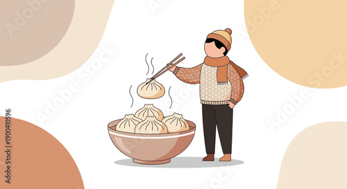 Cozy Winter Scene With Person Enjoying Steaming Dumplings From A Bowl