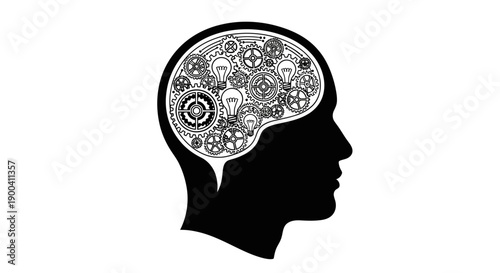 Black silhouette of human head with gears.